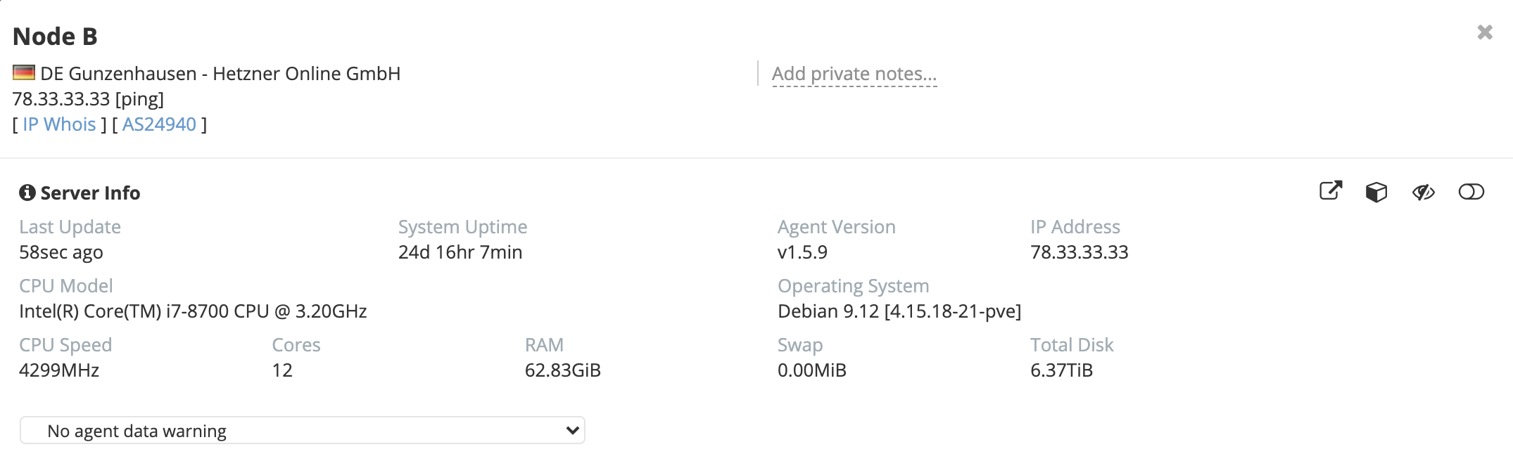 Server info with its location, IP address, uptime, CPU model, operating system, RAM and disk size, a field for private notes, and a warning if the agent stops sending data