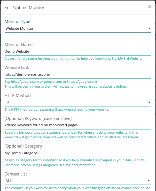 Website monitor settings with the link to check, the HTTP method, a keyword to look for, a category and a contact list